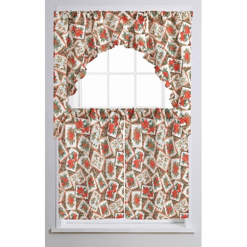 The Holiday Aisle Propst Poinsettia Bloom 60 Curtain Valance And Tier Set Walmart Com Walmart Com