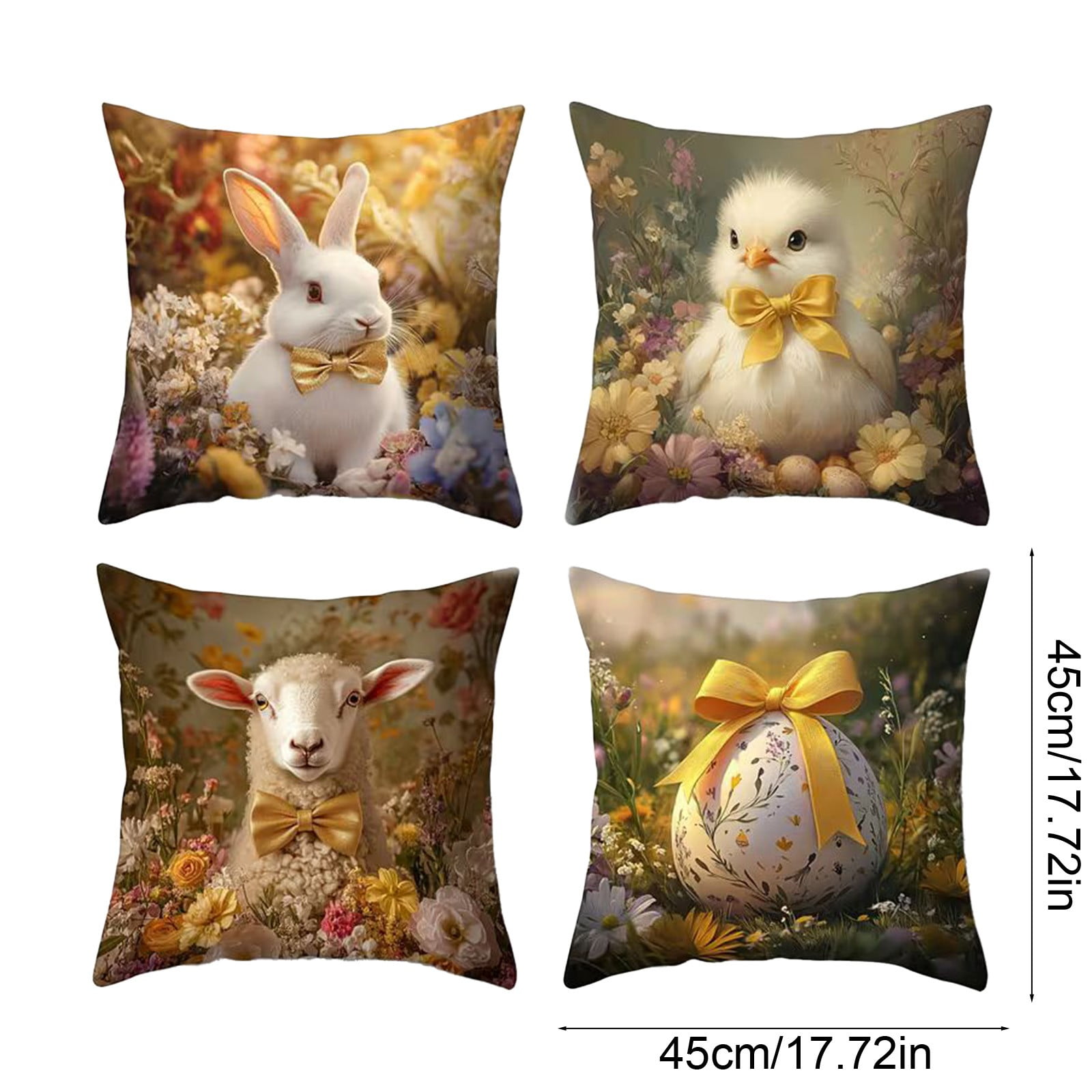 Easter Pillow Covers Set of 4, 18x18 Inch Rabbit and Easter Egg Print Throw Pillow Covers, Soft Flannel Decorative Covers for Couch Sofa Living Room Spring Home Decor