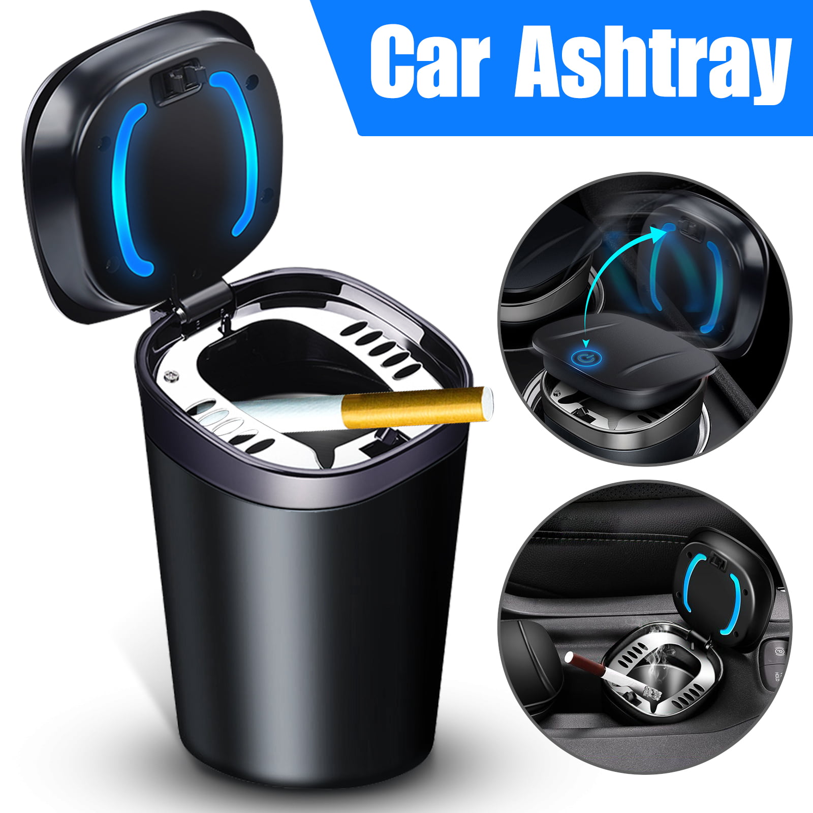 Led Blue Lightl Vehicle Ashtray Black Detachable Stainless Steel Smokeless Ashtray with Lid Mini Car Trash Can Naisicatar Portable Car Ashtray