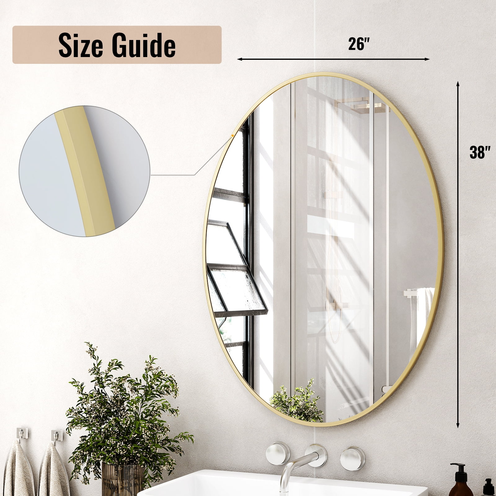 BEAUTYPEAK 26"x38" Oval Bathroom Mirror Wall Mirror,Gold