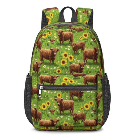 Highland Cow and Sunflower Print 17" Waterproof Oxford School Backpacks for Teens, S-Shape Padded Straps, for School, Travel, Hiking, Camping