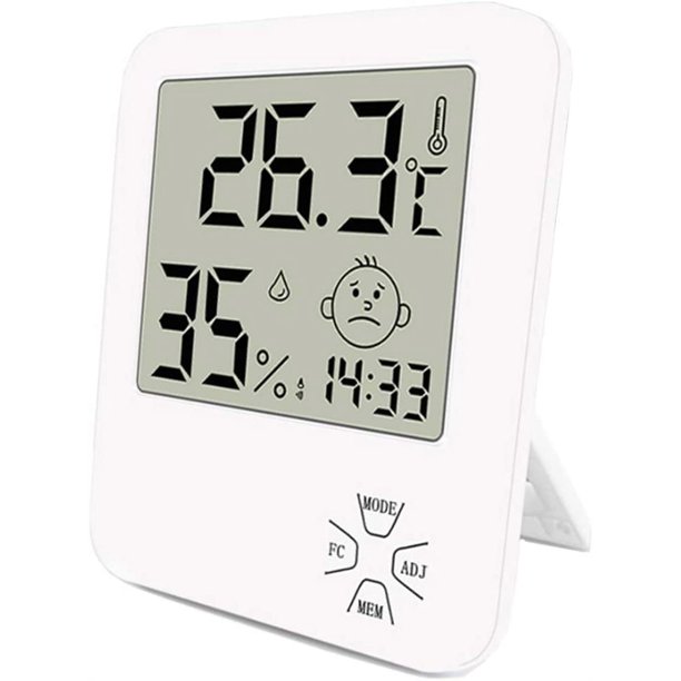 Mini termómetro higrómetro digital de alta precisión para interiores con soporte plegable y reloj despertador para indicador de nivel de comodidad en el hogar, oficina, cocina, jardín, etc. Blanco
