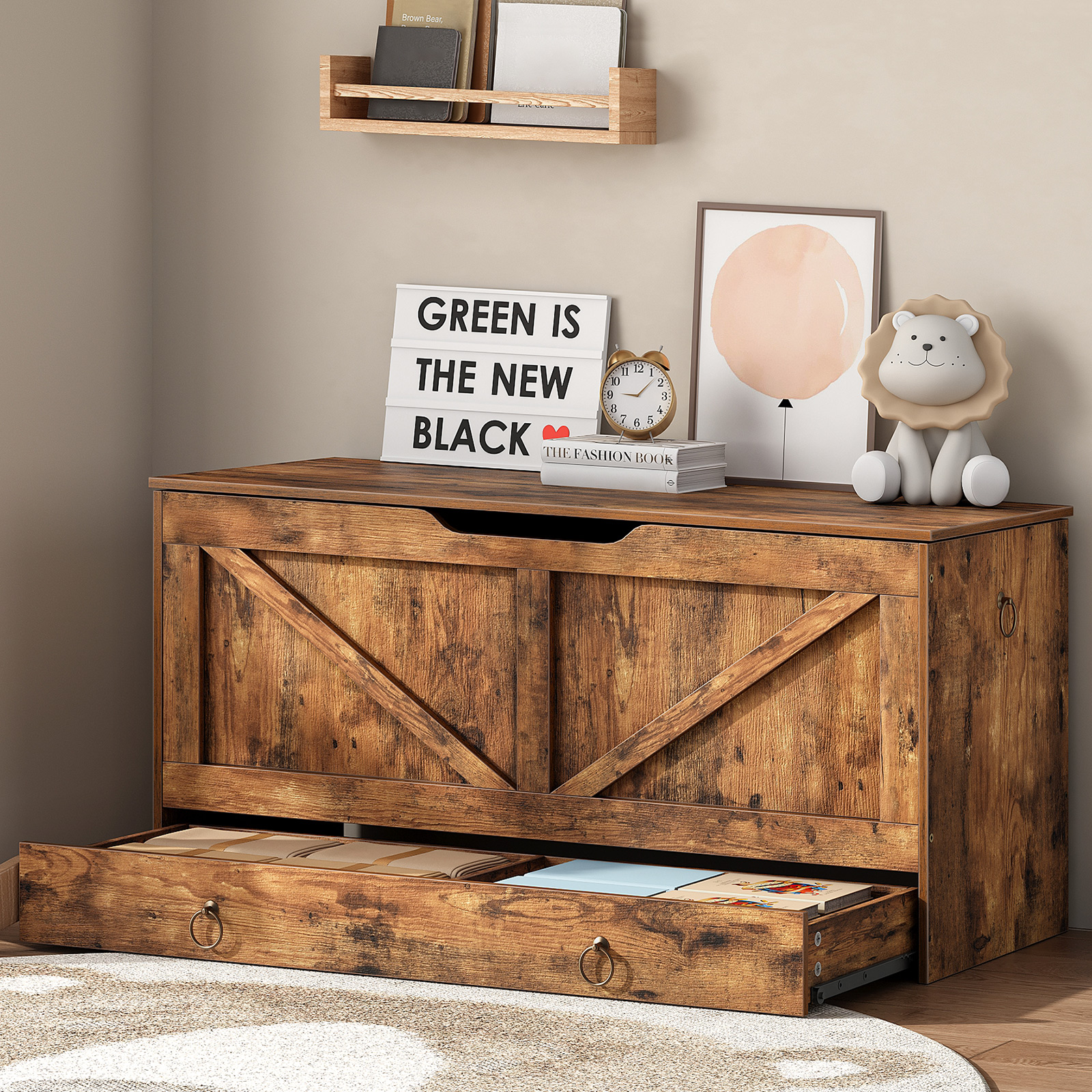 HOOBRO Storage Chest, 39.3" Toy Chest with Drawer, Wooden Storage Bench, Sturdy Entryway Bench Supports 220 lb, Shoe Bench, Safety Hinge, U-Shaped Opening, Easy Assembly, Rustic Brown FG710CW01G1