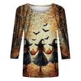 thumbnail image 5 of Jsaierl Women's Halloween Shirts Plus Size Witch Graphic Tees Stretch Work Round Neck T-Shirts 3/4 Sleeve Tunic Blouse Tops Halloween Costumes,Sizes S-5XL, 5 of 5