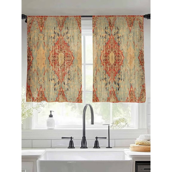 Turkish Boho Sheer Curtains 45 inches Long 2 Panels Set Wallpaper Murals Retro Medieval Tiers Sheers Rod Pocket Small Window Short Curtains for Kitchen Cafe, Each 52" W x 45" L