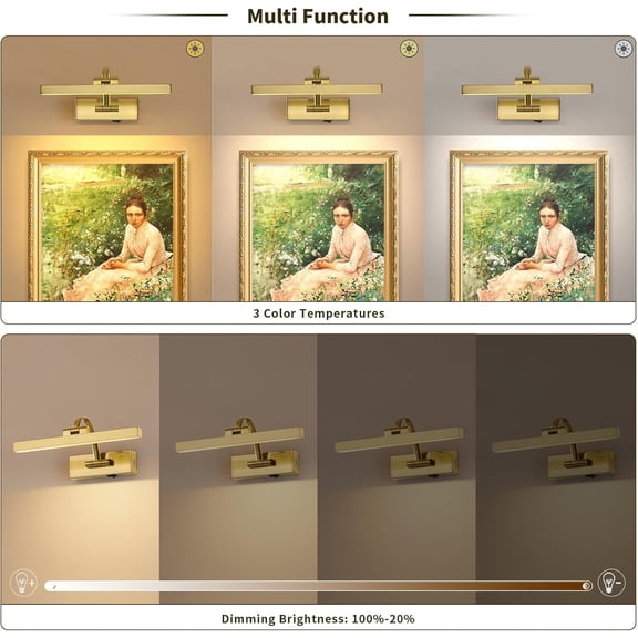 Picture Lights for Wall Battery Operated, Wireless Brass Art Lighting for Paintings Rechargeable Gallery Lights with Remote and Timer 3CCT Dimmable Painting Lights for Portrait 11.42 Inch 2W