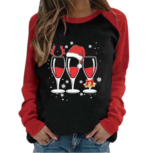 Tops de mujer Camisas Blusas Elegante Casual Camisas de manga larga Cuello redondo Raglan Color a juego Navidad Copa de vino Estampado de camiseta Top Cuello redondo Top / Camisa Odeerbi ODB-5