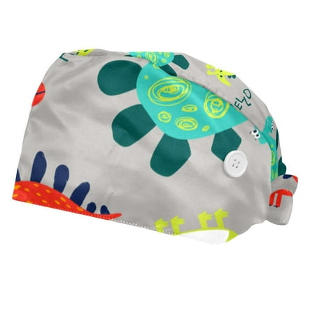 

2PCS Working Cap with Buttons and Sweatband Adjustable Tie Back Hats Bouffant Caps Dinosaur Scrub Turban Hat