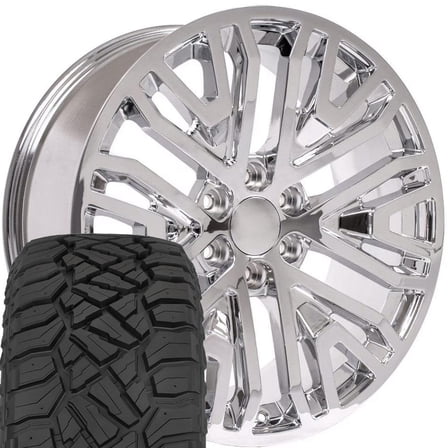 OE Wheels CV37 22 Inch Rims and Tires Fit Sierra 1500 Style 6x139.7 22x9 Chrome - Hollander 5906 - TerraMax RT 285/45-22 (Set of 4)