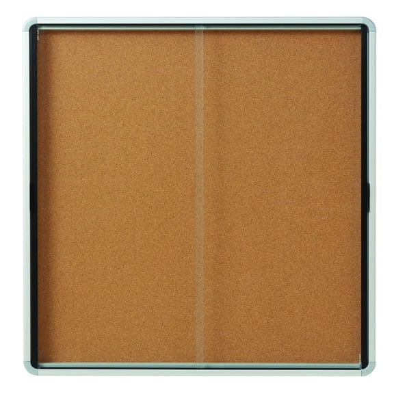 Quartet Enclosed Cork Bulletin Board for Indoor Use, 56" x 39" or 18 Sheets, 2 Sliding Doors, Aluminum Frame
