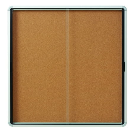Quartet Enclosed Cork Bulletin Board for Indoor Use, 56" x 39" or 18 Sheets, 2 Sliding Doors, Aluminum Frame