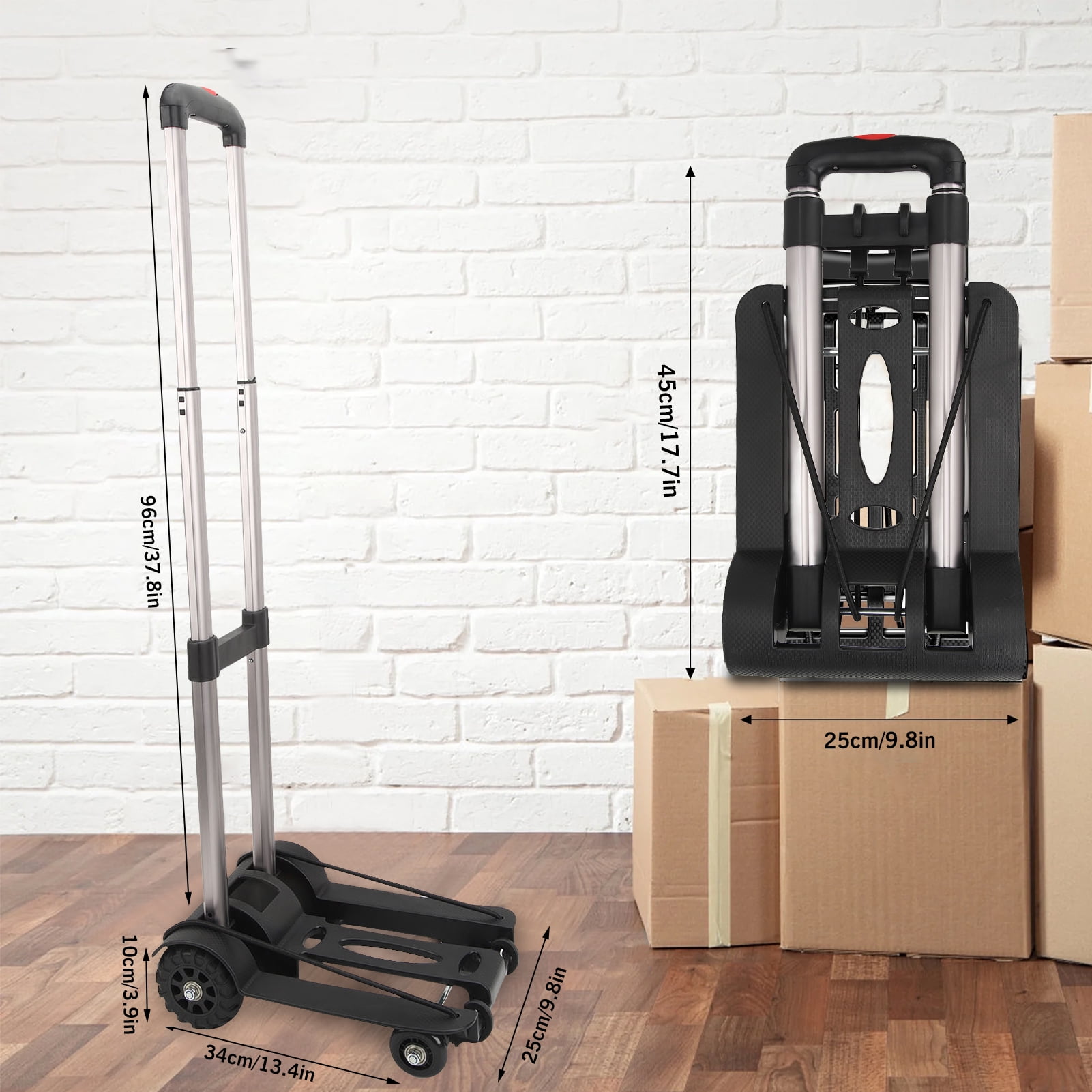 Folding Hand Truck, Lightweight Luggage Cart Foldable, Iron Tube Luggage  with 4 Rotate Wheels, Pull Rod,  for Moving Travel Shopping Airport Office