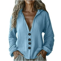 ABATAB Cotton Linen Shirts for Women Casual Button down Long Sleeve Hooded Pullover Tops Lightweight Breathable Loose Fit V Neck Hoodies(Medium,Sky Blue)
