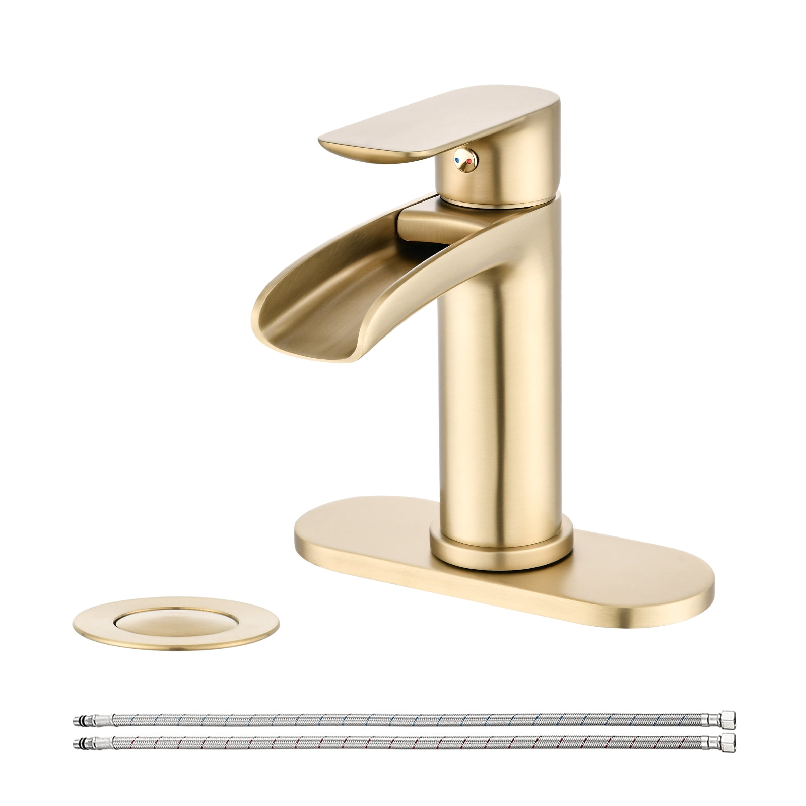 Waterfall Bathroom Faucet Single Handle Bathroom Sink Faucets 1 or 3 Hole Solid Vanity Faucet with Deck Plate & Overflow Pop Up Drain Brushed Gold
