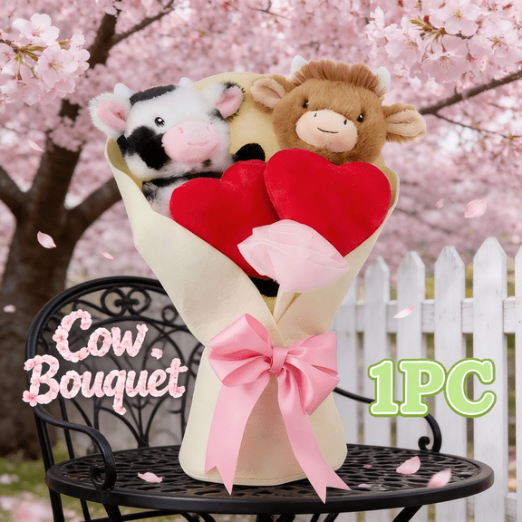 Highland Cow Bouquet - White Cow Stuffed Animal with Floral Bouquet Design, Everlasting Valentine's Day Gift for Her, Stylish Interior Decor Piece for Cow Lovers and Teens