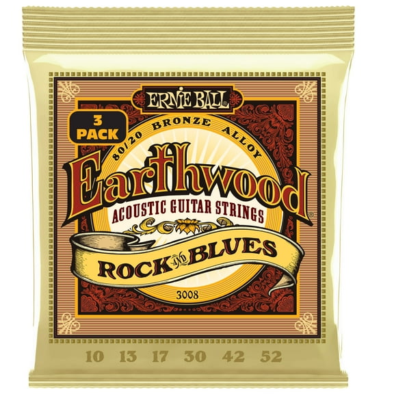 Ernie Ball Earthwood Rock and Blues, with Plain G, 80/20 Bronze Acoustic Guitar Strings 3 Pack - 10-52 Gauge