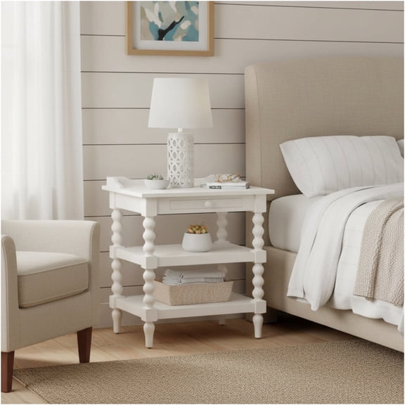 JERFIT Aria Vintage Nightstand with Pull-Out Tray, Antique White Bedside Table with Storage Shelves and Spool Legs for Bedroom