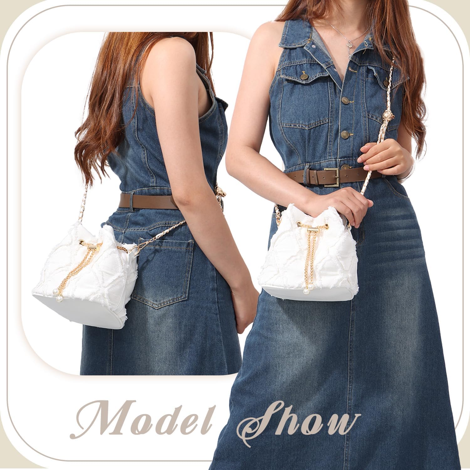 Denim Bucket Bag for Women Trendy Jean Purse Drawstring Crossbody Shoulder Bag Hobo Bag