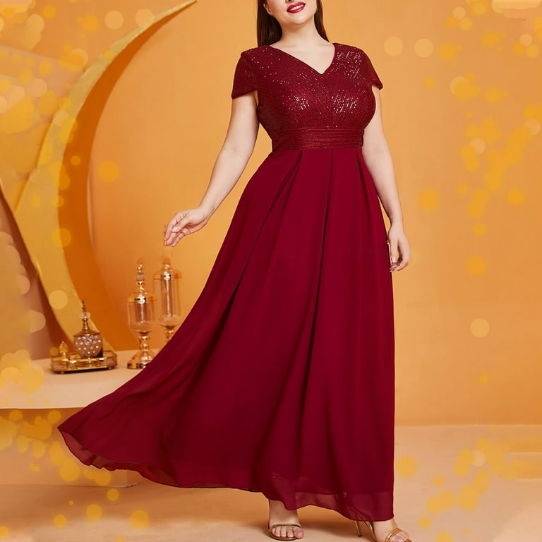 red semi formal dress plus size Plus Size Women's Red Jacquard Puff Sleeve A-Line Graduation Dress, Elegant  Cocktail Party, Semi-Formal Ball, Birthday Party Wedding