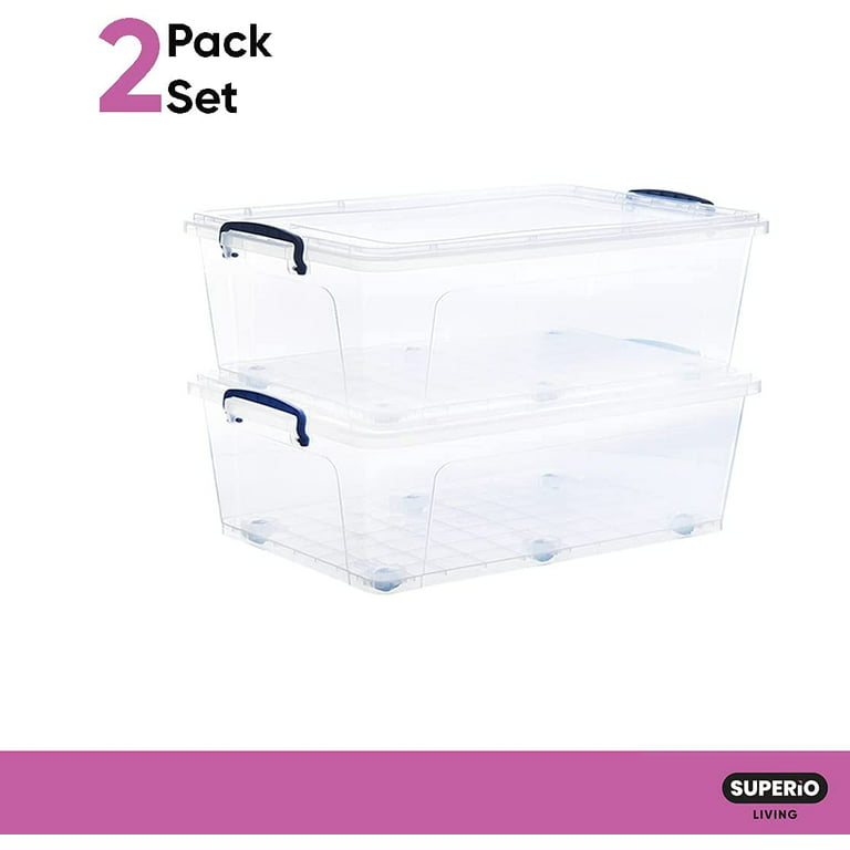 Superio Under Bed Storage Containers with Wheels (2 Pack), Flat Clear  Storage Bin Stackable Large Storage Latch Box with Lids Store Cloths,  Bedding