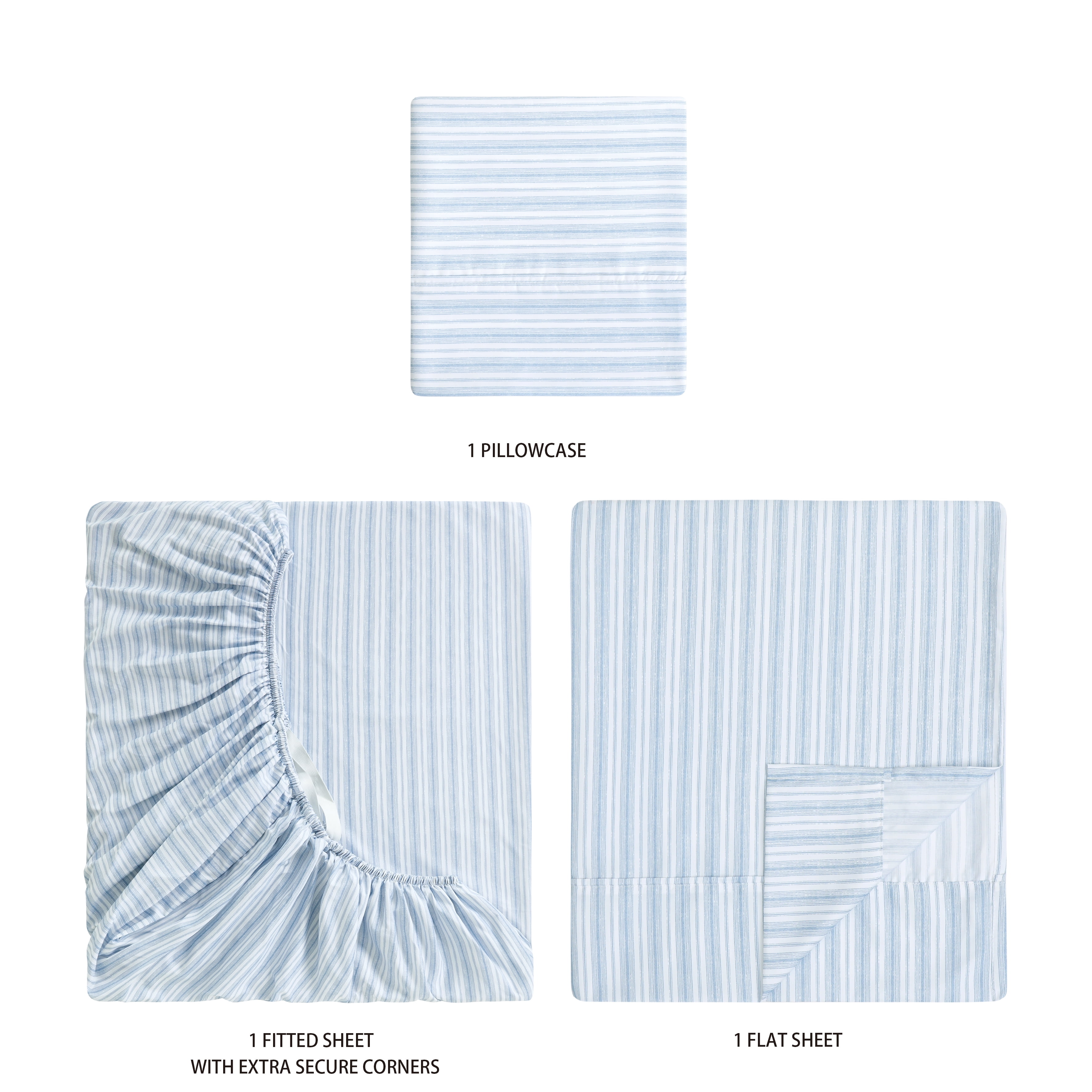 Mainstays Super Soft Brushed Microfiber Bed Sheet Set, Blue Stripe, Twin-XL, 3 Piece