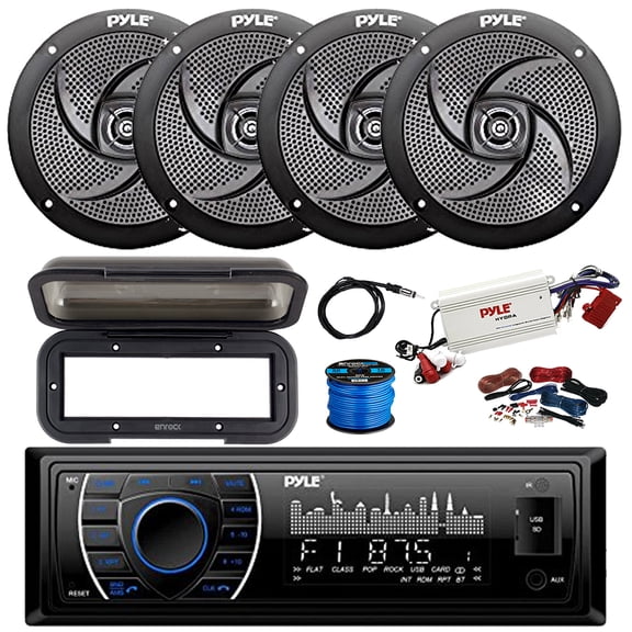 Pyle PLRMR27BTB Bluetooth Marine AM/FM Stereo Receiver, 4-Channel Bluetooth Amplifier w/Install Kit, 4X 5.25" 180 Watt 2-Way Slim Low Profile Audio Speakers (Black) w/ Wire, Radio Cover, Antenna