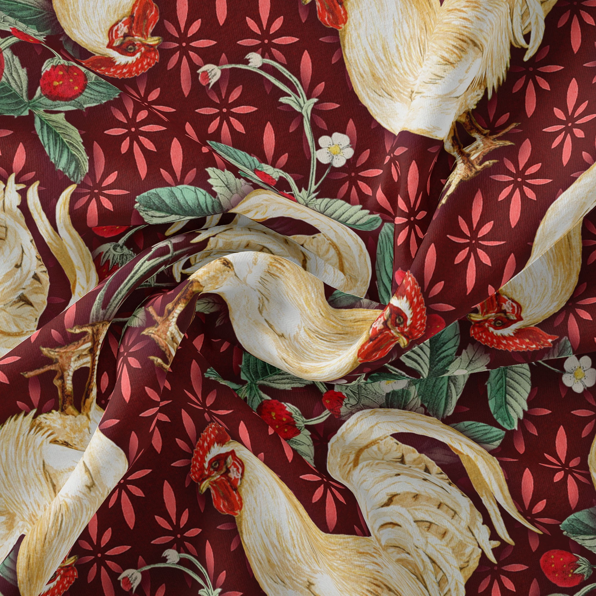 1 Yard 100% Cotton Country Toss Chicken, Red, 44" Wide for Quilting & Sewing by David Textiles