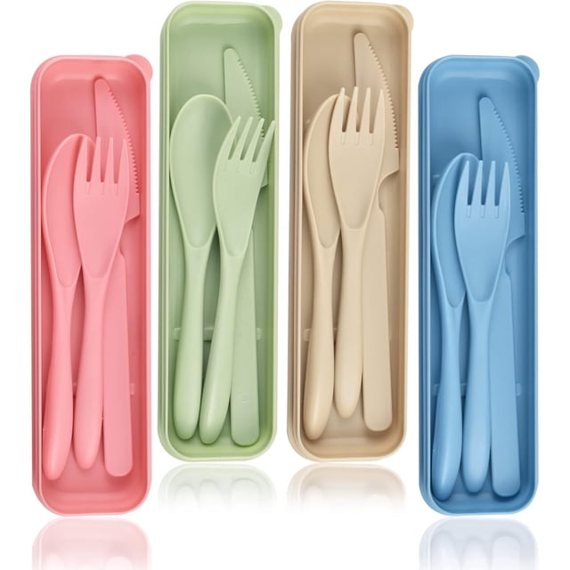 Reusable Utensils Set with Case, Plastic Travel Utensils for 4 People, Portable Cutlery Set Spoons and Forks Knife Tableware, Camping Flatware for Lunch Box Office Kitchen Picnic or Daily Use