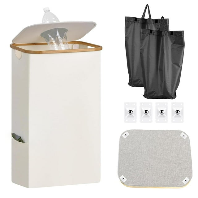 Bacs de Recyclage pour Cuisine Intérieur Maison, Bacs de Recyclage avec Roues et Couvercle, Bac de Recyclage Roulant 26 Gallons 110 L avec 2 Sacs Intérieurs Amovibles et Réutilisables, pour Bouteilles Canettes Plastique de Verre Cartons (Beige)