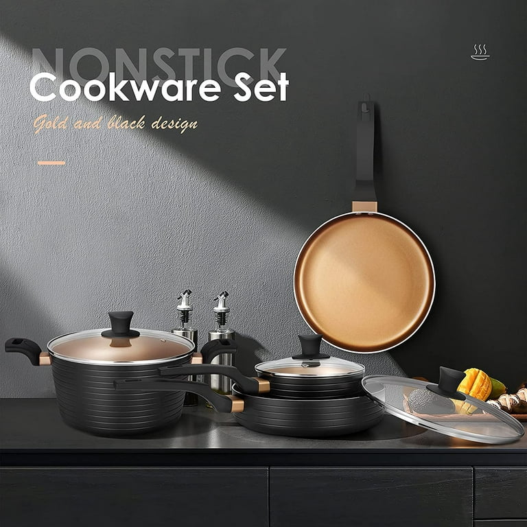 LovoIn 5-Piece Aluminum Nonstick Cookware Sets Black & Copper