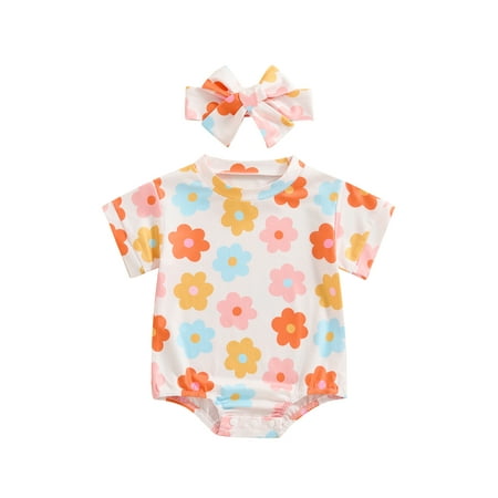 

Niceyoeuk Baby Girl Romper Short Sleeve Floral Print Romper with Headband