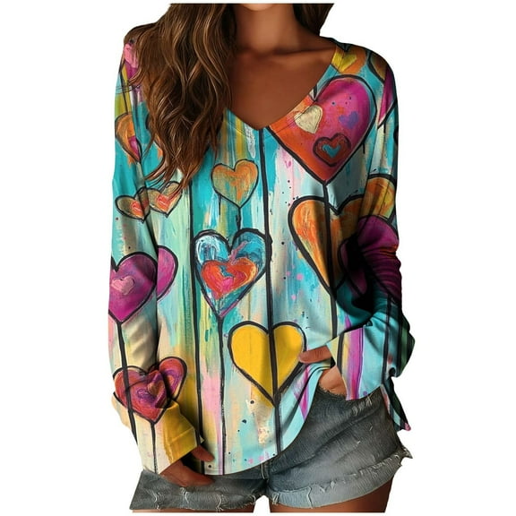 Erwazi Valentines Gradient T-Shirts for Womens Heart Printed Casual Long Sleeve V Neck Tee Tops Valentine Day Gifts Clothes