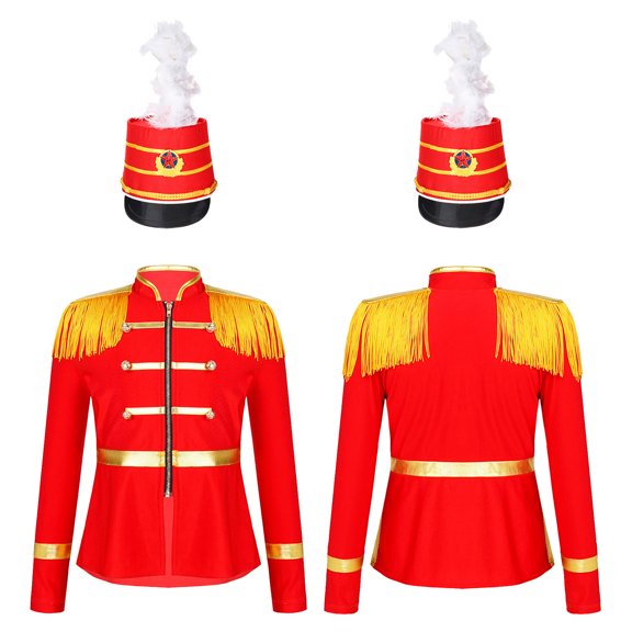 Aislor Boys Girls Circus Ringmater Marching Band Uniform Halloween Tassel Jacket with Feathers Hat 6-16 Red 10