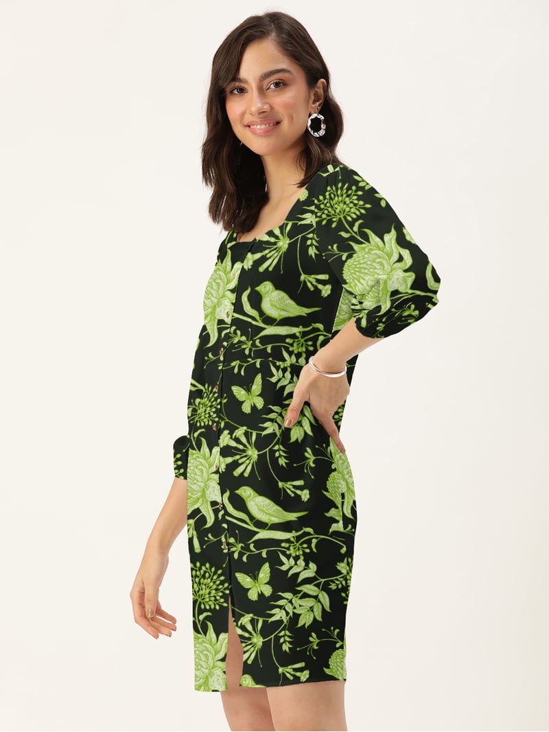 straight cut knee length dresses Dressberry Women's Printed Poly Crepe Dress Casual Summer Long Puffed Sleeves Above Knee Length High Waist Square Neck Buttoned Front Western Style