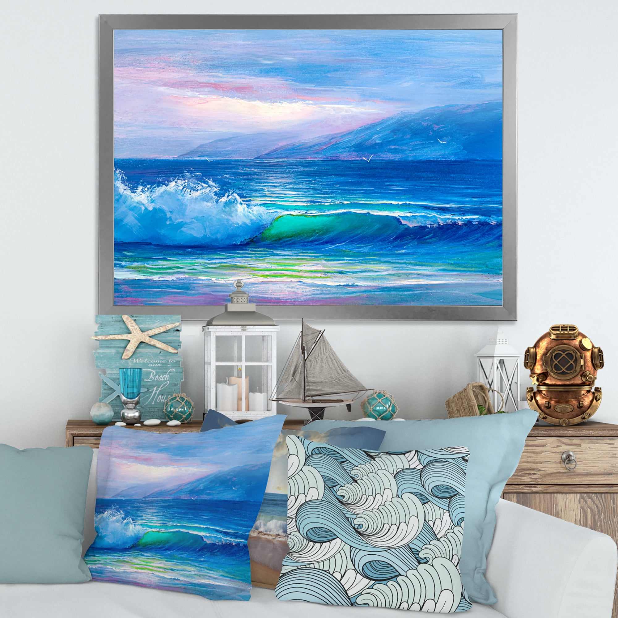 Designart 'Blue Waves Breaking At The Beach Landscape II' Nautical & Coastal Framed Art Print