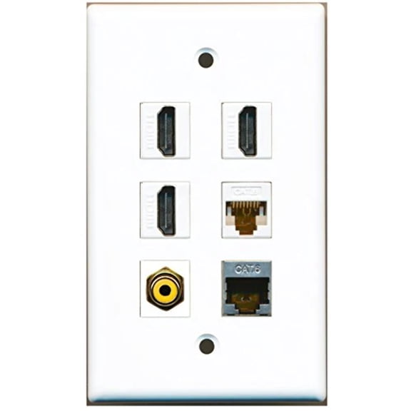 RiteAV - 3 HDMI 1 Port RCA Yellow 1 Port Shielded Cat6 Ethernet 1 Port Cat6 Ethernet White Wall Plate