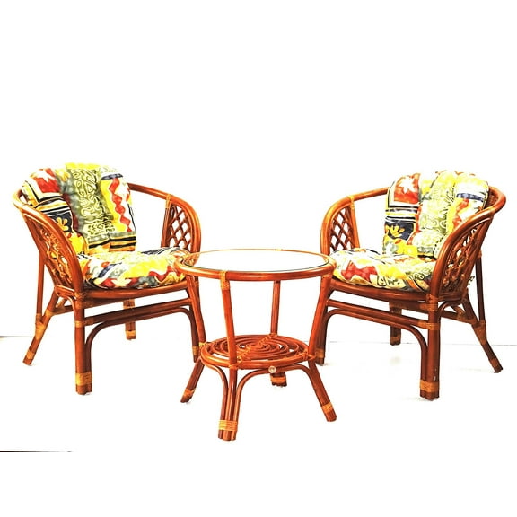 SK New Interiors Lounge Set of 2 Bahama Armchairs Natural Rattan Wicker w/Cushion and Round Coffee Table, Colonial