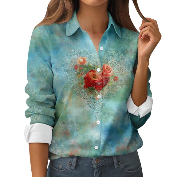 Valentines Day Oversized Shirts for Women Long Sleeve Love Heart Print Button Down Shirts Lightweight Dressy Casual Tops Holiday Blouses Blue M