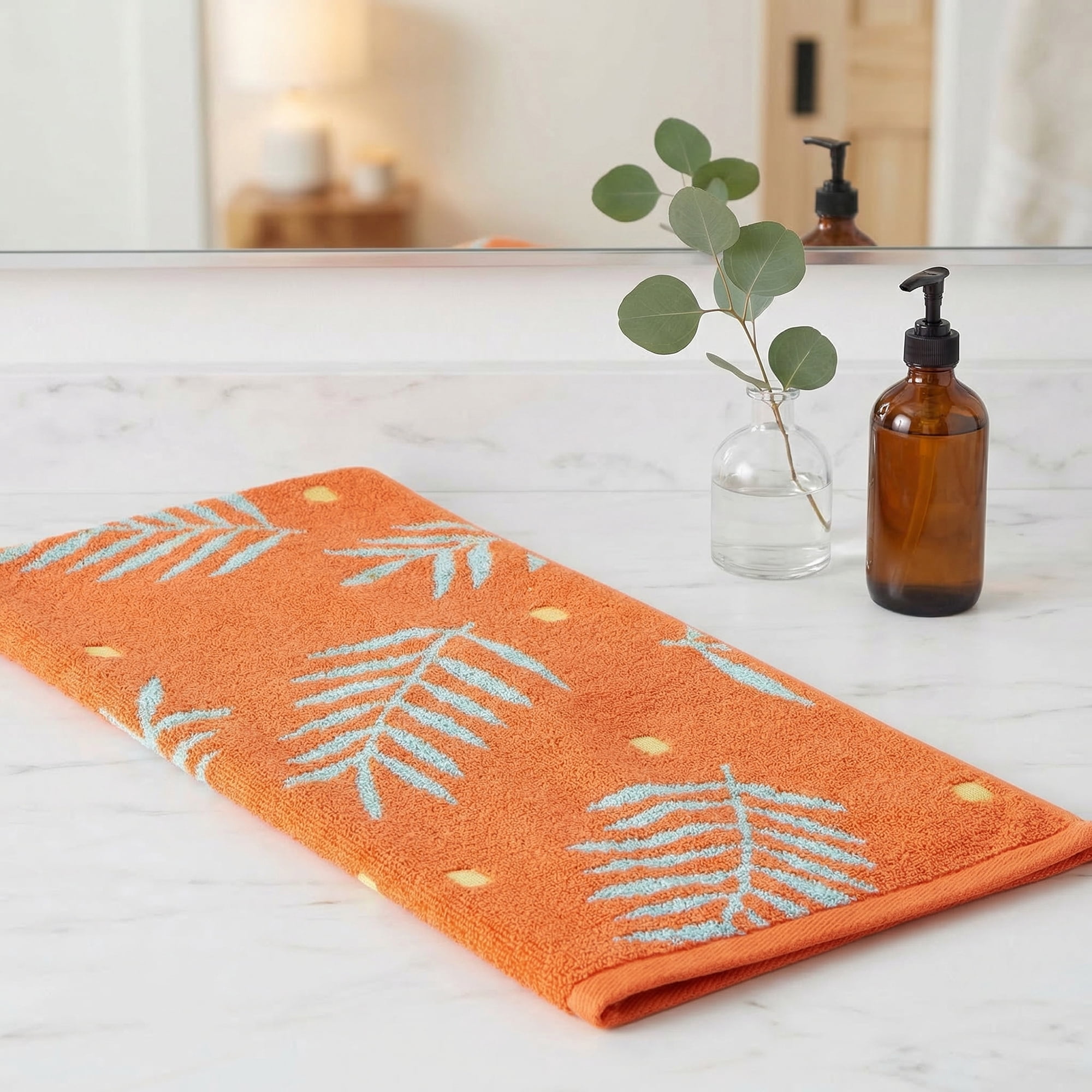 Unique Bargains Cotton Soft Hand Towel Leaf Pattern Absorbent Towel Orange 29" x 13"