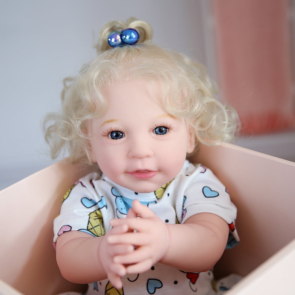 Reborn Baby Dolls 22'' Blond White Skin Soft Body Silicone Limbs Smiling Baby Dolls Christmas Birthday Gift Set for Toddlers