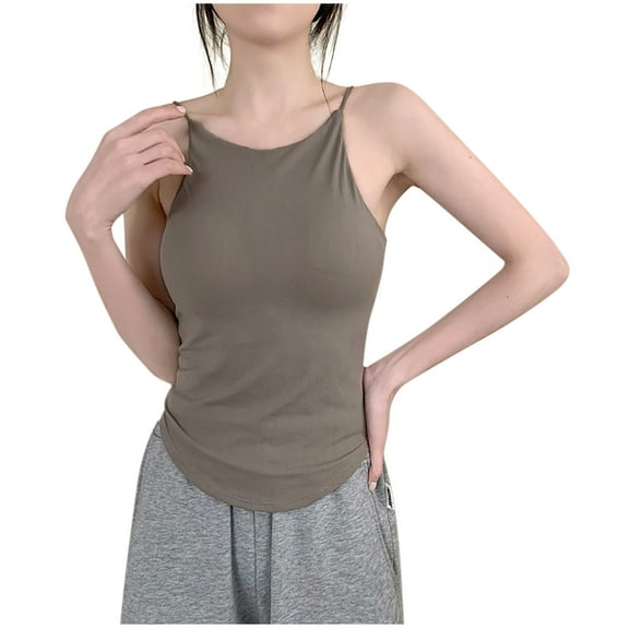 Wyobums Cami Pajama Top for Women with Built In Bra Spaghetti Strap Tank Top Solid Color Loose Fit Sleeveless Cami Shirt A-Khaki