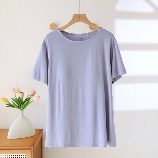 Pijama de manga corta para mujer, de moda, de color liso, con almohadilla para el pecho, sin aros de acero, ropa interior inferior, pijama de manga corta, top de algodón para mujer