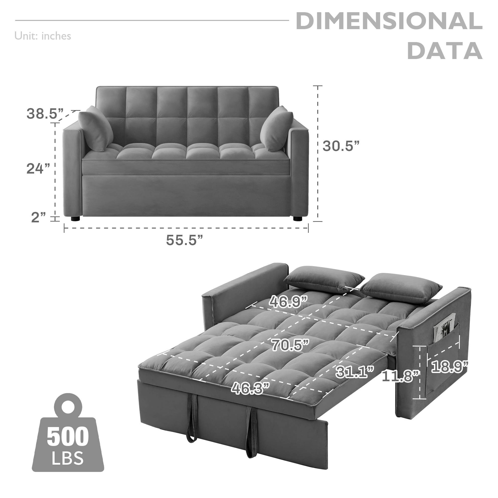 AENKYO Convertible Pull-Out Loveseat Sleeper Sofa Bed for Living Room, Modern Upholstered Futon in Dark Gray