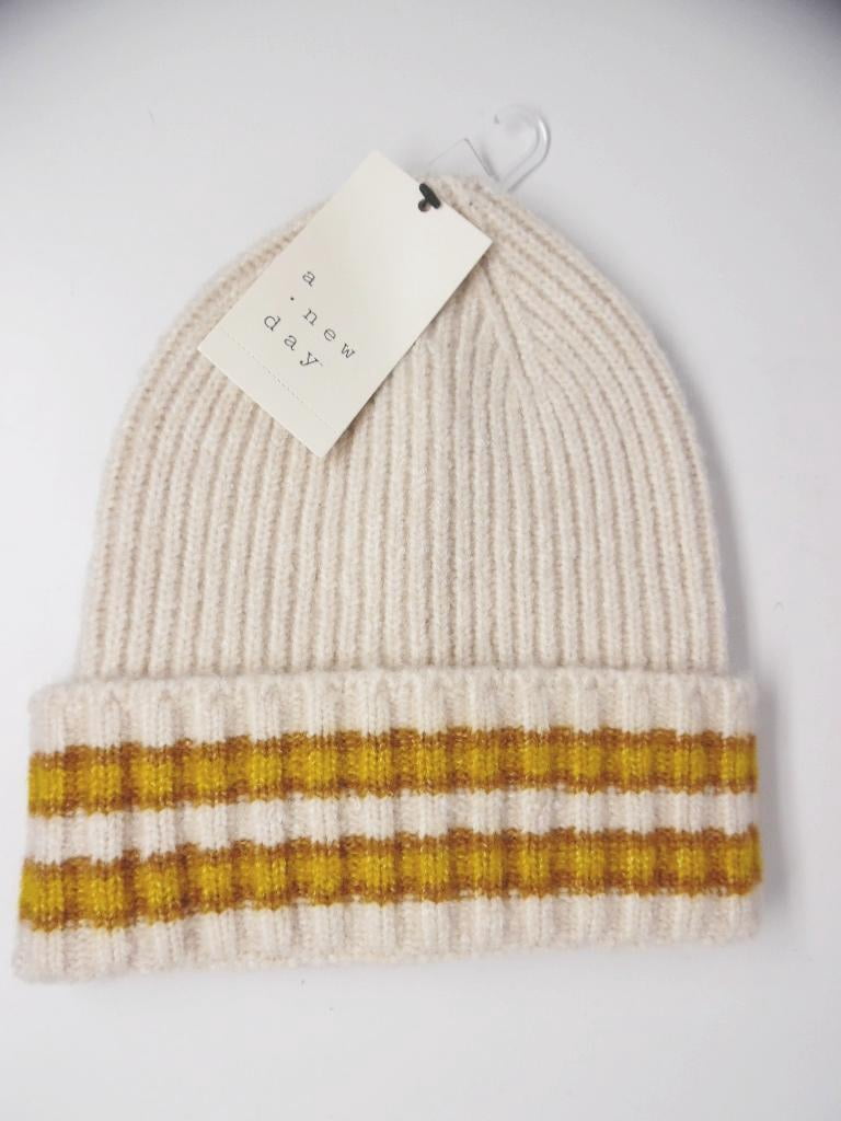 Striped Cuffed Beanie - Cream, Ivory 