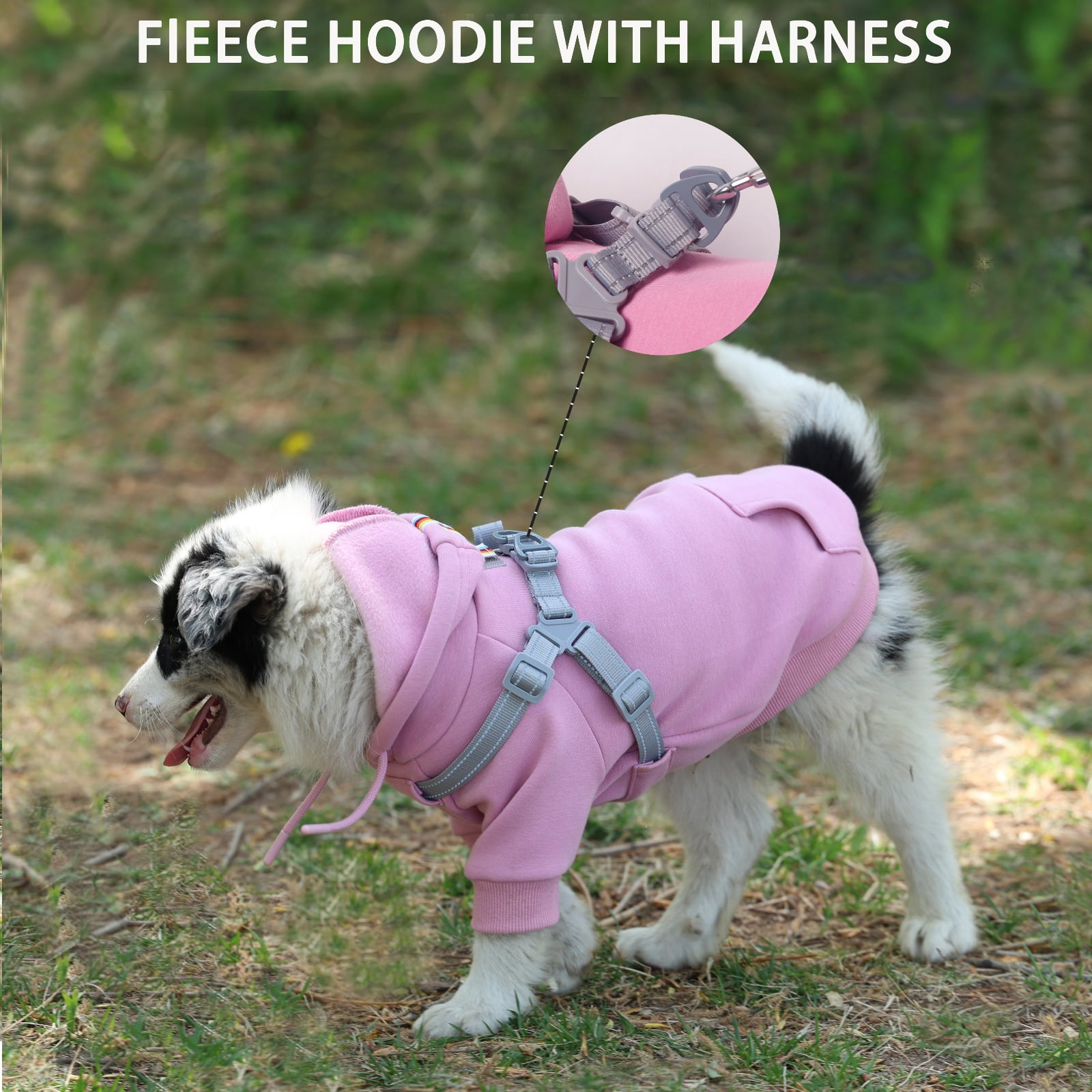 Furmate Dog Coat with Attached Chest Harness, Brimless Soft Pet Sweatshirt for Autumn & Winter, Leash-Ready Design for Small to Large Dogs