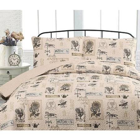 Country Farmhouse Barn Rustic Roosters Taupe Tan Twin Quilt