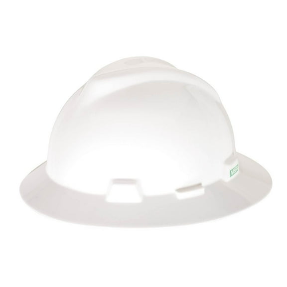 MSA 475369 V-Gard Full-Brim Hard Hat With Fas-Trac III Ratchet Suspension | Polyethylene Shell, Superior Impact Protection, Self Adjusting Crown-Straps - Standard Size in White