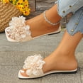 thumbnail image 6 of Floral Sandals for Women, Sandals Women Dressy Summer Flat, Flat Sandals for Women Dressy, Women's 3d Floral Flat Sandals Dressy Square Open Toe Sandals Single Band Casual Slip On Slides, Beige 5.5, 6 of 7