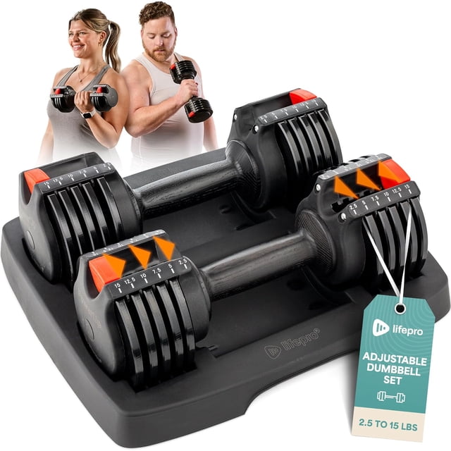 Lifepro 15lb Adjustable Free Weights Dumbbell Sets with Rack For Strength Training, Set Of 2 For Muscle Building - Hand Weights For Home Gym