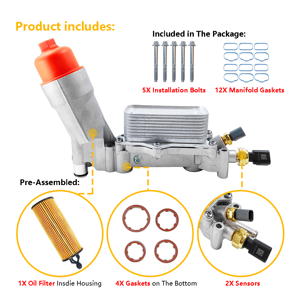Aluminum Engine Oil Cooler & Oil Filter Housing | Fit for 2017-2018 Chrysler 200 300, Jeep Grand Cherokee Wrangler, Ram 1500 ProMaster, Dodge Challenger Charger 3.6L V6 | OE#: 68310865AB 68310865AA